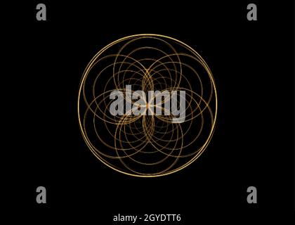 Samen des Lebens Symbol Heilige Geometrie. Gold Logo Symbol Geometrisches mystisches Mandala der Alchemie esoterische Blume des Lebens. Verflochterte Goldkreise, Vektorzeichen Stock Vektor