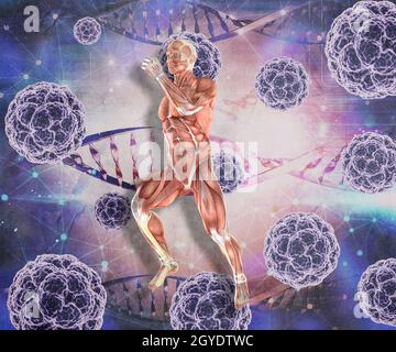 3D-Render von einem medizinischen Hintergrund mit männliche Figur in Pose mit Virus Zellen und DNA-Stränge Stockfoto