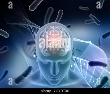 3D-Render von einem medizinischen Hintergrund mit männliche Figur mit Gehirn hervorgehoben Stockfoto