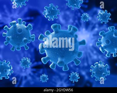 3D-Darstellung eines medizinischen Hintergrunds mit Viruszellen, die das Coronavirus darstellen Stockfoto