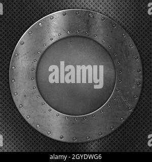 3D-Rendering eines Metallplattendesigns mit Nieten-Hintergrund Stockfoto