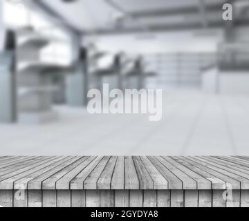 3D-Darstellung eines Holztisches mit Blick auf einen leeren Supermarkt Stockfoto