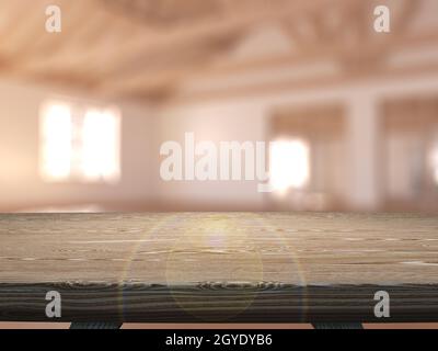 3D-Darstellung eines Holztisches mit Blick auf einen leeren Raum Stockfoto