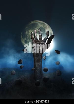 3D-Rendering eines Halloween-Hintergrunds mit Zombie-Hand, die aus dem Boden ausbricht Stockfoto