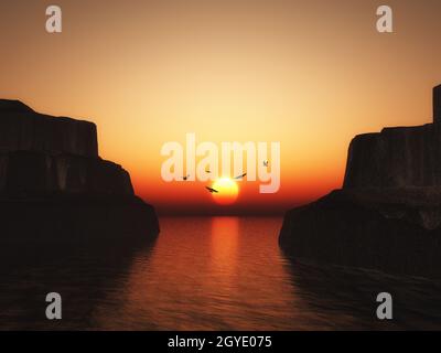 3D-Rendering von Canyons bei Sonnenuntergang mit Silhouetten von fliegenden Vögeln Stockfoto