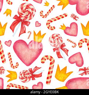 Aquarell Nahtloses romantisches Muster. Rosa Herzen, Kronen, Lutscher, Süßigkeiten. Filigraner sich wiederholender Hintergrund. Isoliert auf weißem Hintergrund. Gezeichnet von ha Stockfoto
