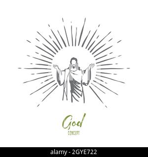 Gott, Jesus christus, Gnade, gut, Aufstiegskonzept. Handgezeichnete Silhouette von Jesus christus, dem Sohn gottes Konzept Skizze. Isolierte Vektordarstellung. Stockfoto