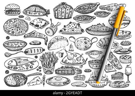 Doodle-Set für Lebensmittel. Sammlung von handgezeichneten verschiedenen Arten von Gerichten auf weißem Hintergrund isoliert. Fleisch Pizza Fisch und Fast Food Hamburger Stockfoto