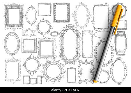 Spiegel und Rahmen Doodle Set. Sammlung von handgezeichneten eleganten Vintage-Spiegel verschiedener Stile und Formen isoliert auf transparentem Hintergrund. Abb. Stockfoto