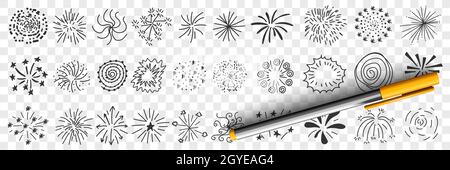 Sternmuster und Linienzeichnungen Doodle Set. Sammlung von handgezeichneten dekorativen eleganten Mustern von Sternen Linien Spritzer blinken in runden Kreisformen Stockfoto