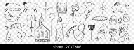 Religiöse Symbole aus der bibel Doodle Set. Sammlung von handgezeichneten jesus Tiere bibel Buch heiligen Wein in Krug Engel und christentum ostern und festlich Stockfoto