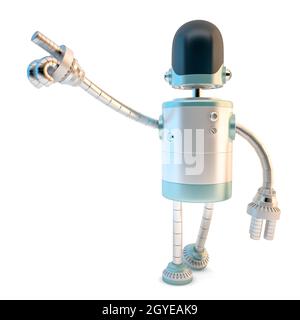 Roboter zeigt auf etwas. 3D-Illustration. Isoliert auf Weiß Stockfoto