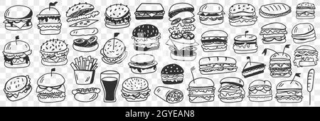 Burger Fast Food Doodle Set. Sammlung von handgezeichneten leckeren Junk Food Hamburger Cheeseburger Brötchen Sandwich Limonade in Glas isoliert auf Transpare Stockfoto