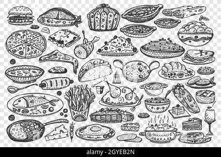 Doodle-Set für Lebensmittel. Sammlung von handgezeichneten verschiedenen Arten von Gerichten auf transparentem Hintergrund isoliert. Fleisch Pizza Fisch und Fast Food hamb Stockfoto