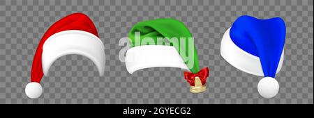 Realistische weihnachtsmützen Set Kollektion. Nachbau im Realismus-Stil gezeichnete Weihnachtsmann-Kappen mit Jingle-Glocken aus verschiedenen Winkeln. Holiday Headwear oder XMA Stockfoto