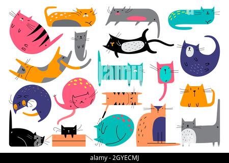 Katzen-Doodle-Set. Sammlung von kreativen kindischen Mustern domestizierte Tiere Kätzchen Kätzchen Haustiere in verschiedenen Posen. Menschliche Freunde nahtlose Textur Stockfoto