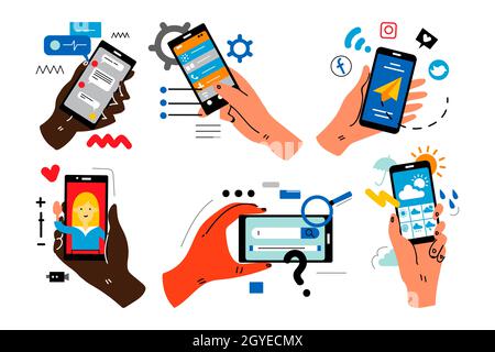 Hände mit Smartphones Doodle-Set. Menschliche Handflächen halten Mobiltelefone mit Farb-Touchscreen-Bilder Anwendung. Kommunikation Social Media Networking Stockfoto