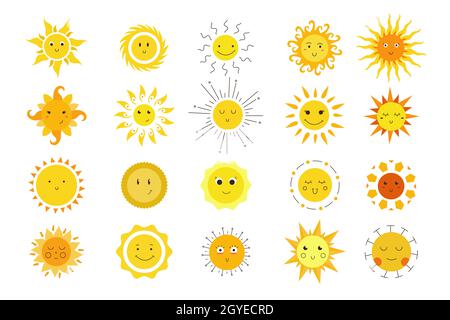 Handgezeichnete Sonne Emotionen Doodle Set. Sammlung von bunten Cartoon-Zeichnungen niedlich lächelnd sonnigen Gesichtern glückliche Charaktere Beleuchtung oder leuchtend hell. Soll Stockfoto