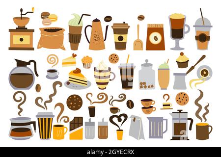 Kaffee Zeit Doodle eingestellt. Sammlung von verschiedenen Arten von flüssigen Getränken heiße Getränke mit Koffein Mokka Latte Cappuccino Espresso Tassen isoliert auf wh Stockfoto