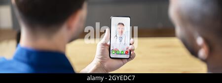 Medizinischer Arzt Video-Telefonkonferenz Auf Mobiltelefon Stockfoto