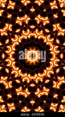 Warmgelbes Kaleidoskop. Im Herbst Mit Spiralmuster Und Tie-Dye-Muster. Kaleidoskopische Textur. Zigeunerkleid. Warme Farben Farbmix-Design. Warme Farben Indonesisch. Brigh Stockfoto