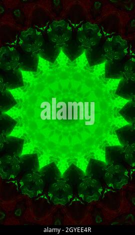 Kreis Hintergrund, leuchtend grüne Mandlala von Anahata Chakra Vertikales Bild. Stockfoto