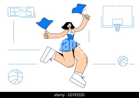 Cheerleading, Tanzen, Cheer Sport Konzept. Junge schöne lächelnde Mädchen Cheerleader Cartoon-Figur in blauem Kostüm tanzen bewegen mit Pompoms und Stockfoto