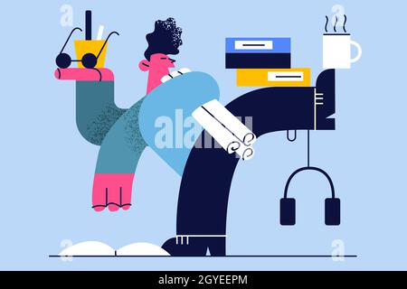 Multitasking, Management, Balancing Tagesaufgaben Konzept. Junger positiver Geschäftsmann, der alles in einem Moment nach Terminen und Zeitmanagement verwaltet Stockfoto