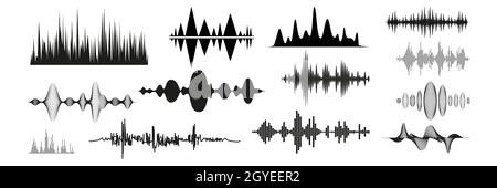 Realistische Schallwellen eingestellt. Sammlung von Audio-verschiedenen Frequenzen Radio Musik-Signale. Illustration von digitalen Equalizer-Technologien und pulsierenden lin Stockfoto