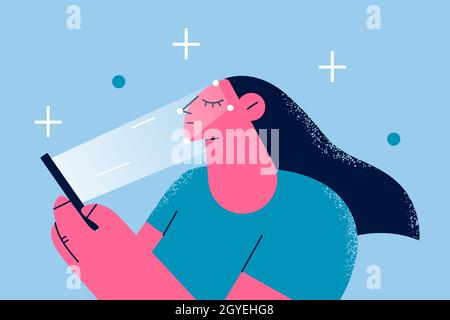 Biometrische Identifikation und Technologiekonzept. Junge positive Frau scannt Gesicht mit Gesichtserkennungssystem auf Smartphone-Vektor-Illustration Stockfoto