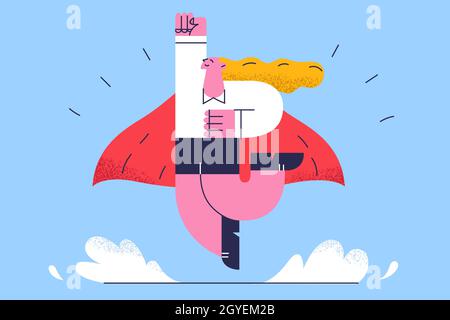 Erfolgreiche Geschäftsfrau Büroangestellte und Führungskonzept. Junge positive Frau im Anzug abheben mit der Hand angehoben Gefühl zuversichtlich erfolgreich V Stockfoto