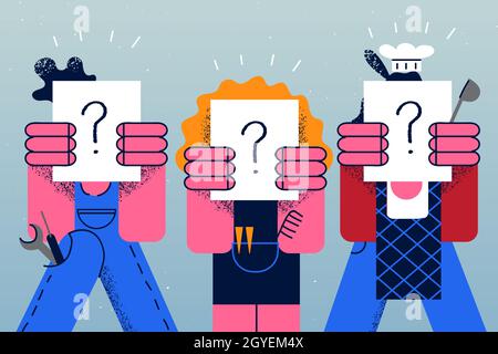 Personalwesen und Rekrutierungskonzept. Arbeitslose professionelle Geschäftsleute Kandidaten Cartoon Figuren Gruppe sitzen in Reihe Zeile versteckt Gesicht waiti Stockfoto