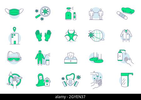 Schutzkleidung Doodle Set. Sammlung von medizinischen PSA-Symbolen, die in Reihe isoliert sind. Ausrüstung für Coronavirus Schutz Gesichtsmaske Handschuhe Arzt Kleid ha Stockfoto