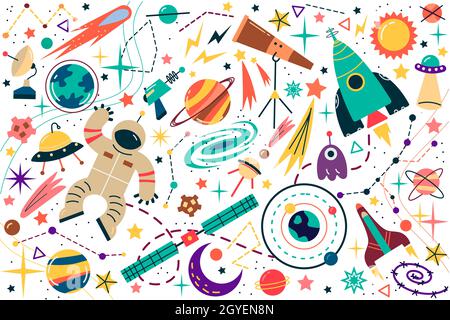 Space Doodle Set. Sammlung Science-Fiction-Zeichnung von Astronauten mit Raumanzügen Planeten und Sterne mit Meteoren und Raketen. Universum oder Galaxie Erde Stockfoto