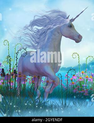 Ein weißer Einhorn-Hengst geht durch einen Garten voller Blumen und Pflanzen. Stockfoto