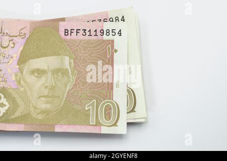 Pakistanische Rupien, pakistanische Währungsscheine, 10 Rupien. Stockfoto