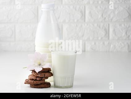 Eine volle Tasse Milch aus Glas und eine klare Plastikflasche mit Milch, neben einem Stapel runder Schokoladenkekse auf einem weißen Tisch Stockfoto
