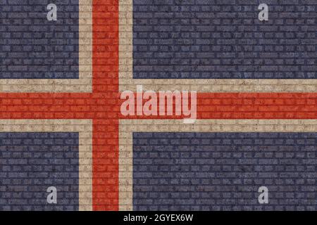 3D Flagge von Island auf einem alten Backsteinmauer Hintergrund. Stockfoto