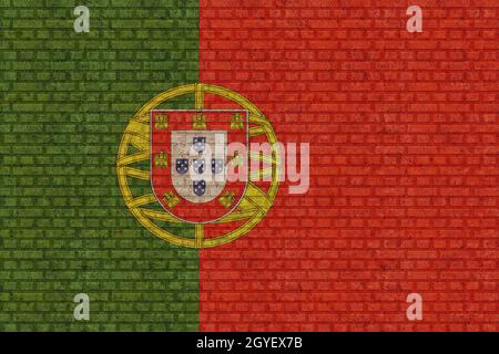 3D Flagge von Portugal auf einem alten Backsteinmauer Hintergrund. Stockfoto