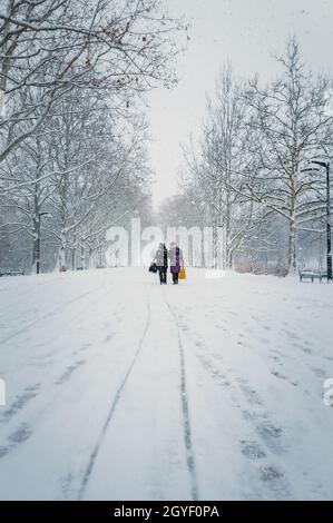 Zwei Frauen mittleren Alters, die Beutel tragen, gehen durch den Schneefall entlang der Gasse im Winterpark. Wunderbare Schneeszene auf der Straße. Kalt s Stockfoto