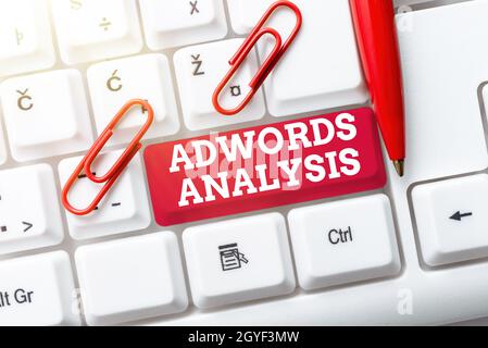 Handschriftenschild Adwords Analyse, Konzept Bedeutung Überwachung von Kampagnen und Sicherstellung von Investitionsrenditen in Anzeigen Veröffentlichung neuer Social Media-Inhalte, Abstrac Stockfoto