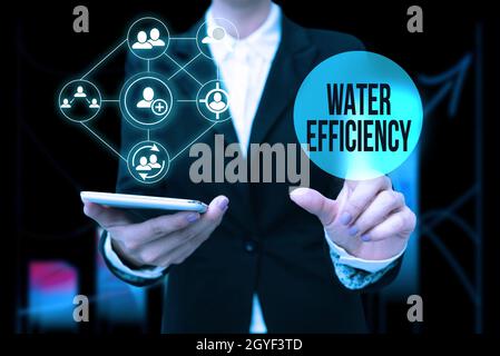 Handschrift Text Wassereffizienz, Word für Wasserverbrauch durch Messung der erforderlichen Wassermenge reduzieren Lady in Uniform Holding Telefon Drücken von Virtual Stockfoto
