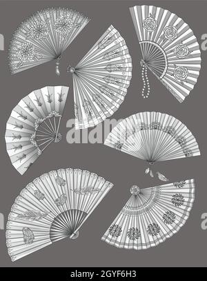 Verschiedene Designs Der Antiken Handventilator Farblose Linienzeichnung. Stockfoto