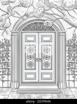 Vintage Hölzerne Eingangstüren Zeichnung Mit Blättern, Die An Der Wand Wachsen. Stockfoto