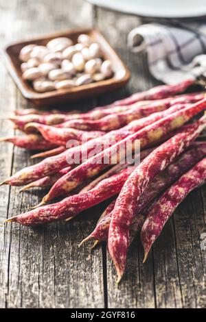 Cranberry-Bohnen. Borlotti-Bohnen. Bohnen Schoten auf Holztisch. Stockfoto