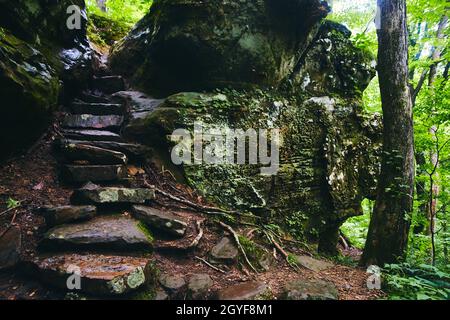 Wanderweg aus Steintreppen in mit Flechten bedeckte Felsen Stockfoto