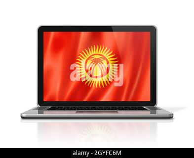 Kirgisistan-Flagge auf Laptop-Bildschirm isoliert auf weiß. Rendering von 3D-Illustrationen. Stockfoto