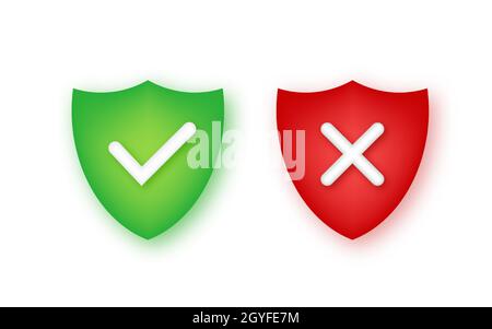 Korrektes, falsches Vorzeichen. Symbol für richtige und falsche Markierung. Aktivieren Sie OK, JA, Nein, X-Zeichen für die Abstimmung. Vektorgrafik. Stock Vektor