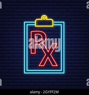 Neon Icon Blank Rx Verordnungsformular. Vektorgrafik. Stock Vektor