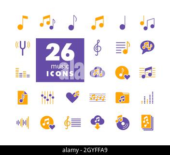 Noten flache Vektor Glyphen Symbole gesetzt. Graph Symbol für Musik und Sound Website und Apps Design, Logo, App, UI Stockfoto